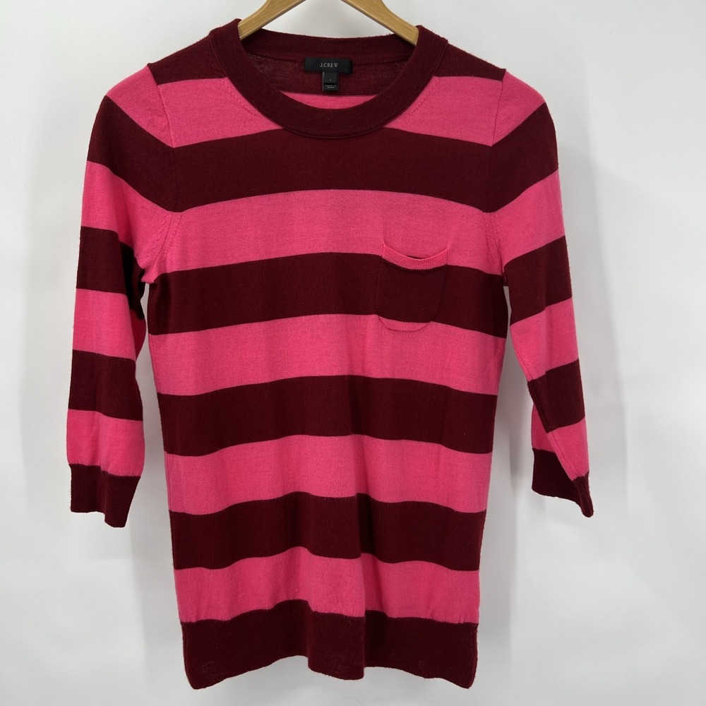 J.Crew Womens S Merino Wool Striped Sweater Pink Burgundy 3/4 Sleeve